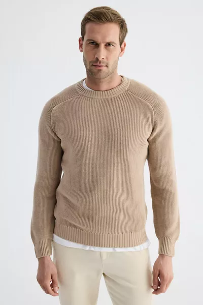 سترة صوفية رجالية بيج من القطن برقبة على شكل دراجة ونسج سلانيك