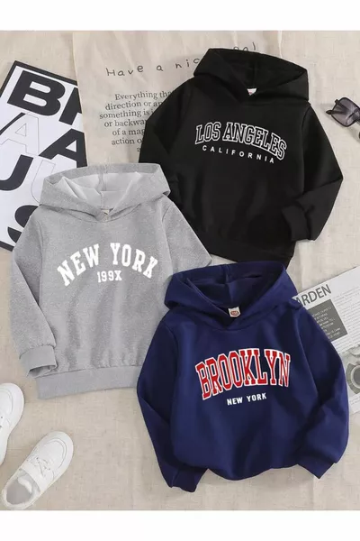 Jongens-Meisjes Kinder 3-Pack Hoodie Sweatshirt met Brooklyn-New York-Los Angeles Print (ZWART-GRIJS-LICHTPAARS)