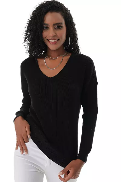 Женский черный трикотажный свитер с V-образным вырезом, вязаный из хлопка, модель Selanik 