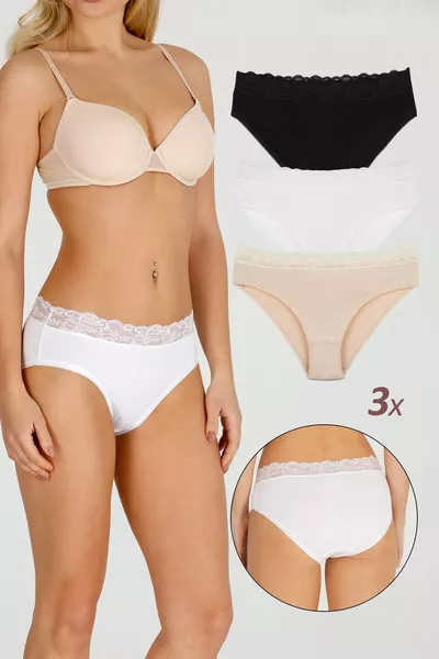 Set da 3 Slip da Donna in Tessuto di Bambù con Pizzo in Vita 