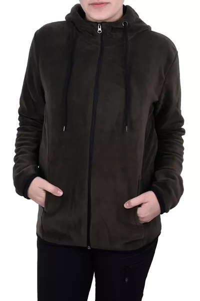 سويت شيرت بولار بسحاب و بقبعة نسائي باللون زيتي