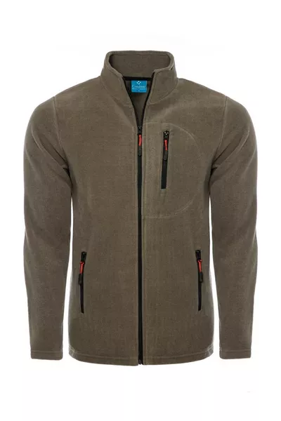 Pile da uomo colore verde militare con 3 tasche, zip, collo a barca, pile da esterno