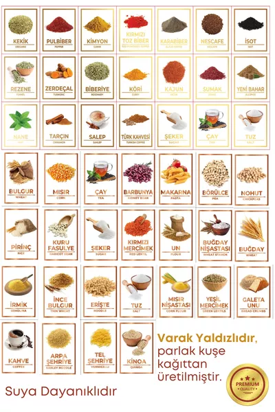 Sticker d'étiquette pour épices, provisions et légumineuses, résistant à l'eau, avec feuilles dorées, couleurs et images, lot de 