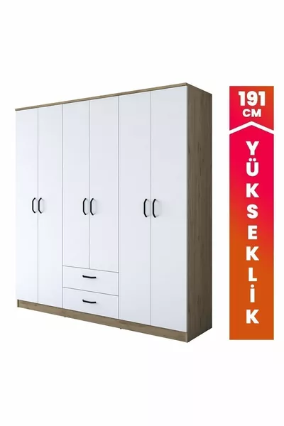 Rani  Armadio Ampio Guardaroba 6 Ante 2 Cassetti 5 Ripiani 3 Barre Appendiabiti Cesto Noce - Bianco