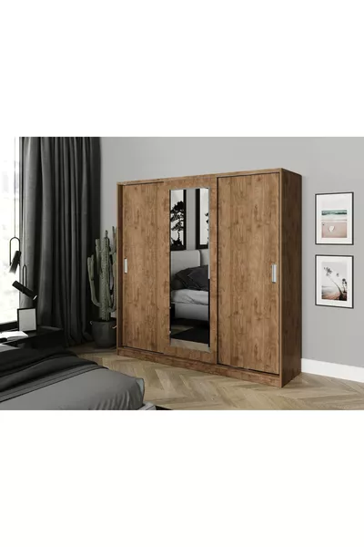 Armadio con specchio scorrevole a 3 ante Samira - Interamente in MDF noce