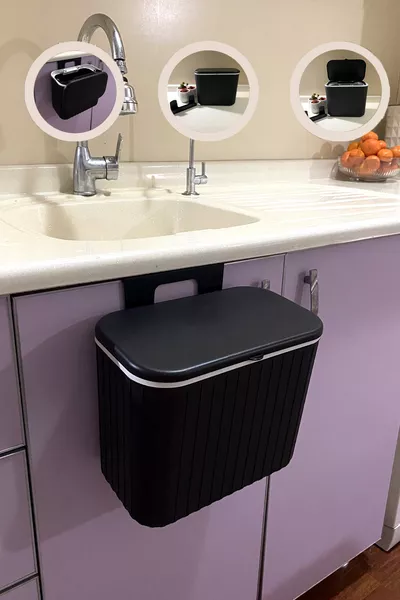 Poubelle Vailo noire à rayures de 8 L pour plan de travail et placard avec crochet