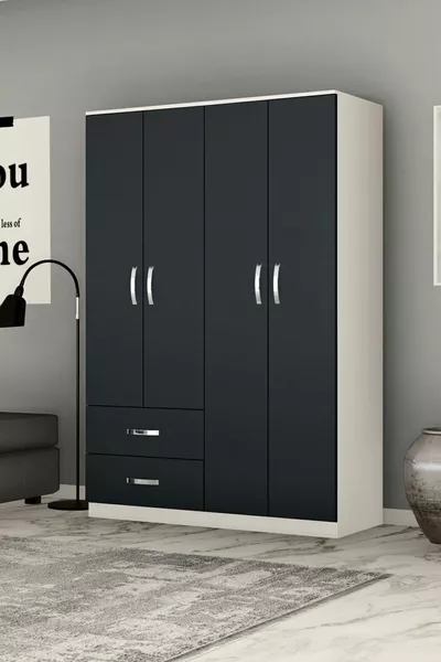 Beyaz Antrasit Gri 4 Kapılı 2 Çekmeceli  Gardrop Gm  Novay