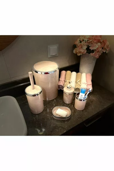 5-delige badkamer set, rond, acryl - prullenbak, WC-borstelhouder, vloeibare zeepdispenser, tandenborstelhouder, handzeepdispenser