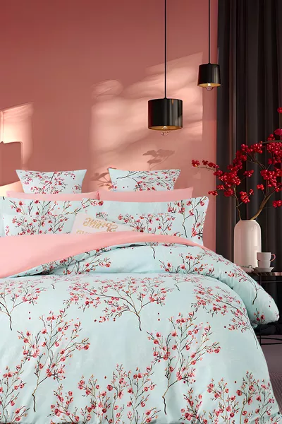 Parure de lit avec drap-housse pour lit double Blossom Bleu