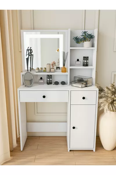 طاولة مكياج بيضاء منظم لمجوهرات وإكسسوارات مع أدراج ورفوف ومرآة خاصة بإضاءة LED