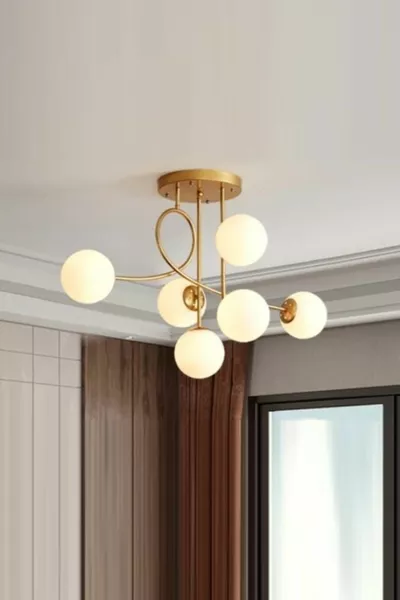 Suspension à six lumières Eva de style moderne vieilli avec verre blanc