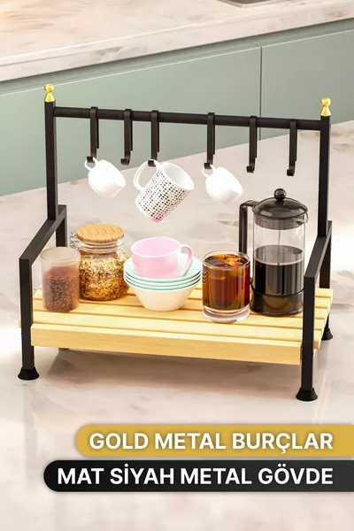 Organizzatore da cucina da tavolo per scaffali, portatazza da caffè con 6 ganci, scaffale in legno