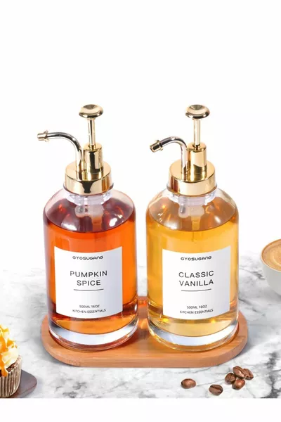 2 L Crystal Glass, Oil, Coffee Dispenser, Syrup Bottle, 9 Different Labeled Gold  ml