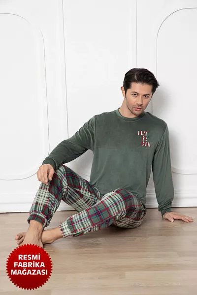 Grüner Herren-Samt-Winter-Schlafanzug, Rundhalsausschnitt, Langarm, Grüner karierter Schlafanzughose