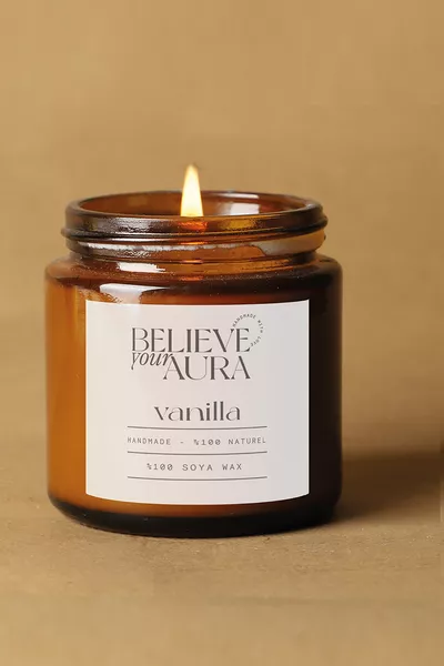 Bougie Parfumée à la Vanille - Cire de Soja % Naturelle Pot Ambré Bougie d’Aromathérapie -  cc