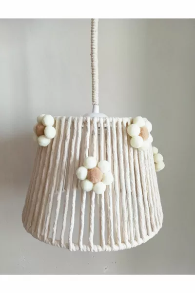 Macrame Off-White Yarn Wrapped Pom Pom Flower Pendant Chandelier for Youth Room, Baby and Children's Room Design