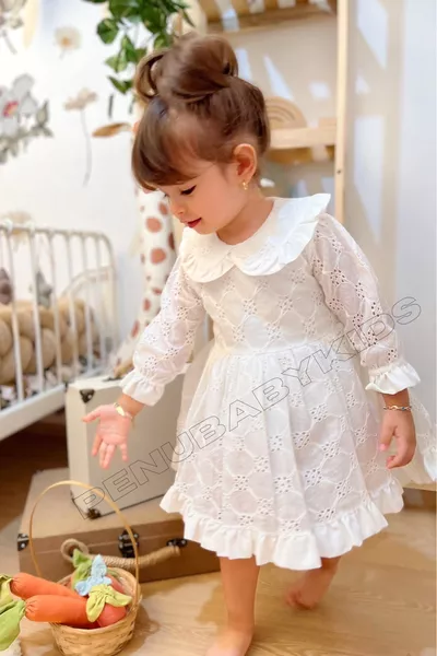 فستان فتاة صغير بياقة أطفال بأكمام طويلة وتفاصيل دانتيل أبيض