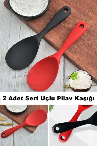 Комплект от 2 бр. супена лъжица за сервиране на ориз и десерт с ултратвърд силиконов връх, за закачане, незалепващи и огнеупорни