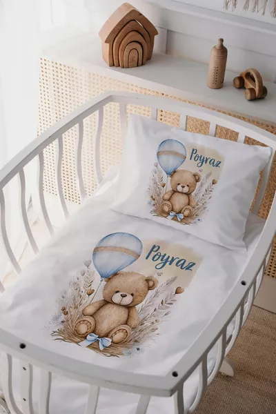 % Cotton Satin Personalized Named Baby Crib Bedding Set Teddy Bear