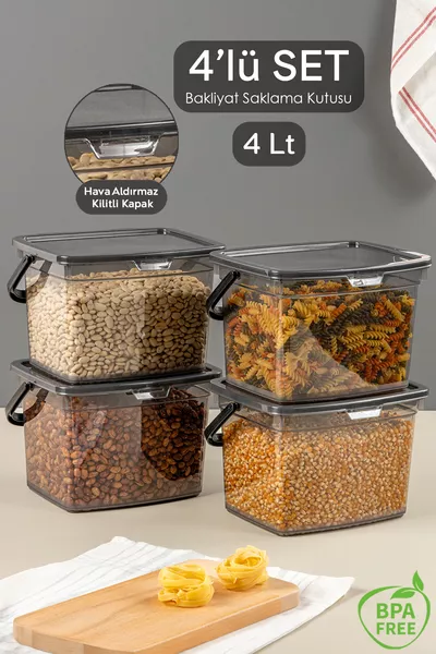 4'lü Set Çok Amaçlı Un Bakliyat Saklama Kabı - Erzak Mutfak Saklama Kutusu Gri 4 Lt