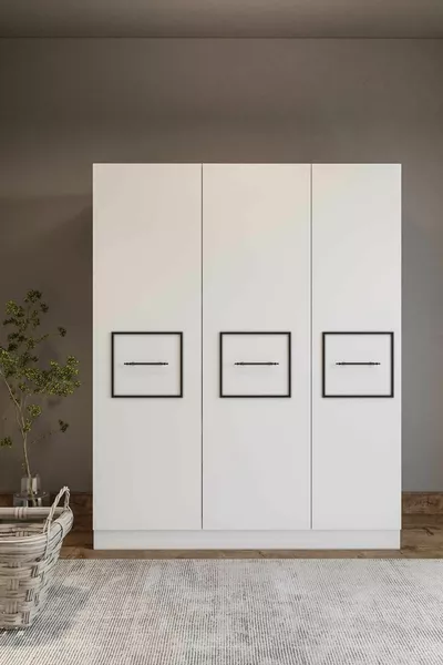 Armadio elegante bianco con strisce nere, 3 ante e 8 scomparti