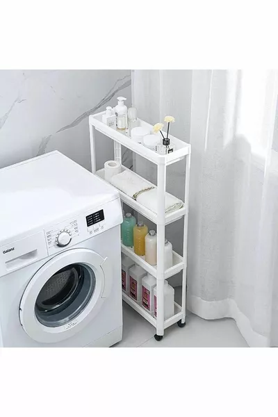 Étagère de salle de bain blanche à 4 niveaux multi-usages avec roulettes