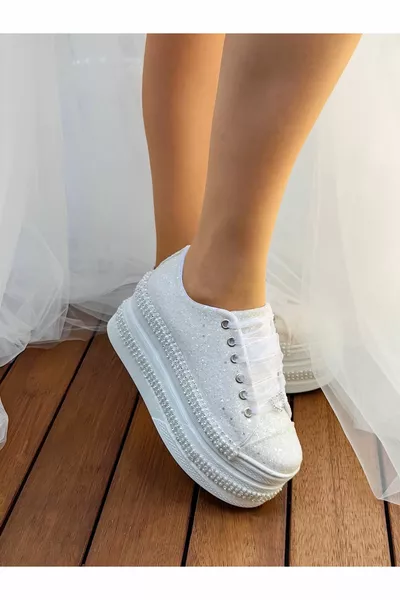 Ivory Glitter Stone And Pearl Detailed Bridal Shoes 7cm Extreme Comfortable Quality