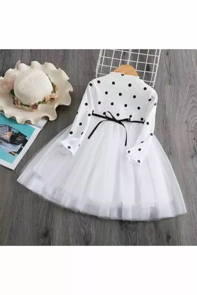 Linda Baby Mädchen Kinder Prinzessin Flauschiges Tutu Langarmkleid Polka Dot Dehnbares Lycra Weiß