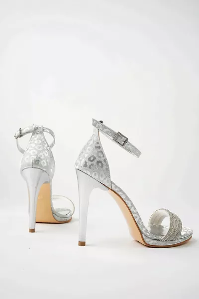 Women's Platform Slim Heeled Hard Hats or Silver Evening Dresses with Stone Ties at the Ankle