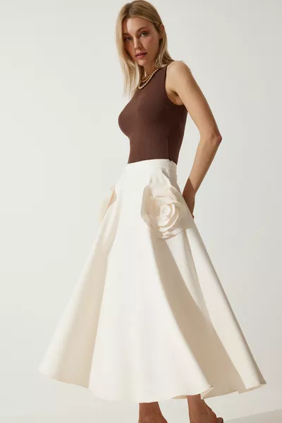 Women's Cream Rose Accessory Design Premium Midi Skirt 
