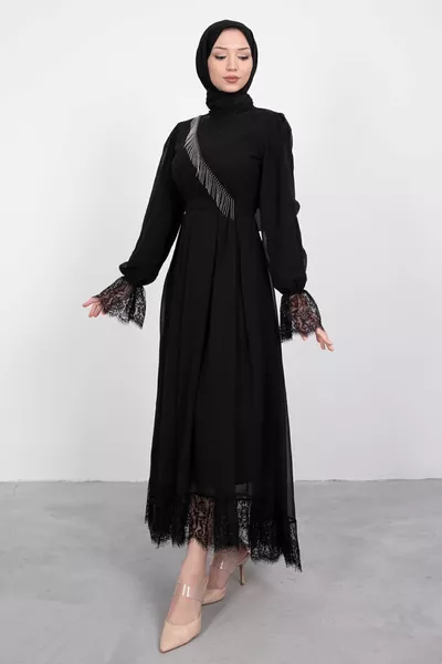 Chaîne croisée Robe de soirée asymétrique hijab noir