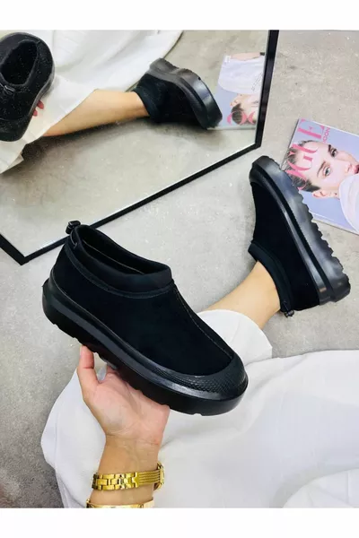 بولا ميني أسود من جلد الغزال نصف الأحذية الريش شقة وحيد أحذية نسائية