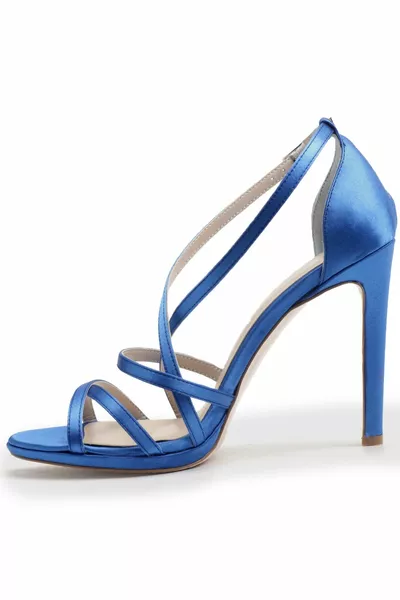 Саксофонно сини сатенени сандали на ток