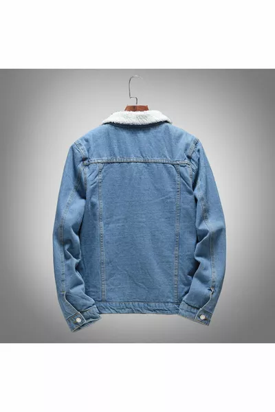 Men's Light Blue Skinny Denim Jacket & Coat with Fur Inside