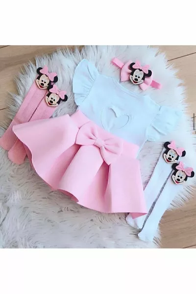 طقم ماوس ميني ميني للبنات باللون الوردي (2-4 سنوات ، الحجم لعمر عامين)