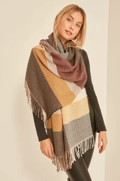  Yumuşak Dokulu Balık Sırtı Desenli Siyah Kalın Omuz Şal Atkı