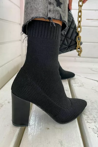 Casual Women's Boots Bootie Black Knitwear Thick High Heel Stretch Socks Stripe Pointed Toe Shoes 