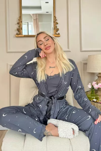 Anthracite Crescent Star Patterned Bamboo Dressing Gown Women's Pajamas Set