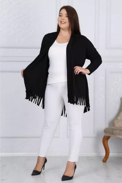 Damen Schwarze Plus Size Asymmetrisch geschnittene Shabby Viskose Strickjacke mit Quasten