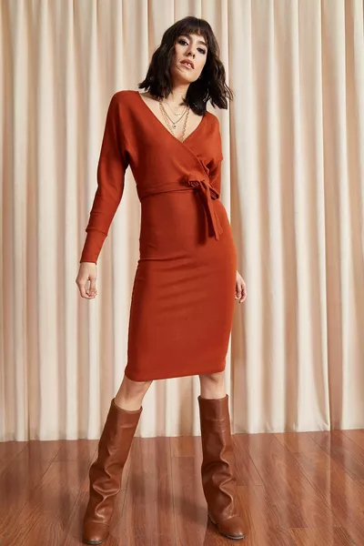 نسائي بلاط مزدوج الصدر بحزام محبوك فستان 