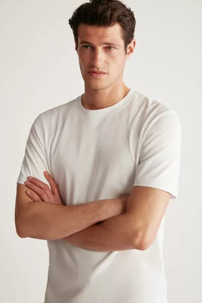 للرجال  ٪ القطن العضوي تنفس طاقم الرقبة الأساسية الأبيض تي شيرت