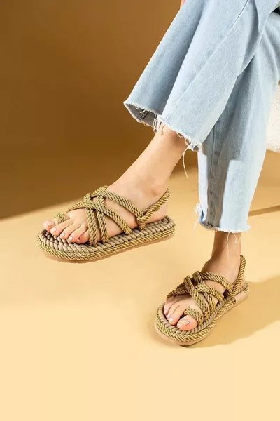 Women's Gold Rope Drawstring High Sole Straw Sandals 