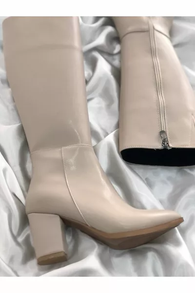 ORNELLA BEIGE CUIR DÉCONTRACTÉ À FERMETURE ÉCLAIR ÉLASTIQUE À TALONS ÉPAIS POUR FEMMES