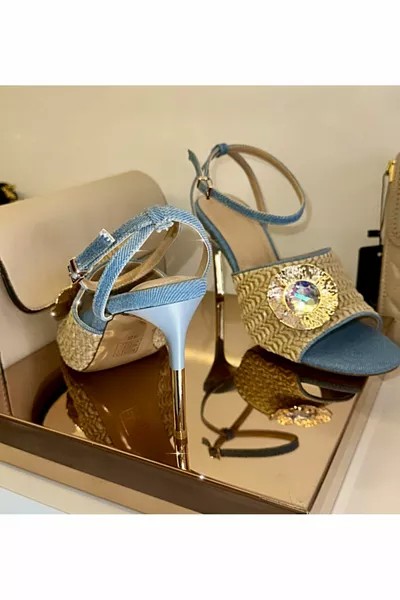 Strohstein Denim Blaue Sandalen mit Absatz