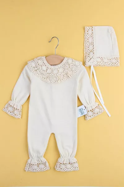 Bio Spitze Baby Mädchen Overall Mit Hut Krankenhaus Outlet Spitze Besticktes Geschenk Mevlüt Outfit
