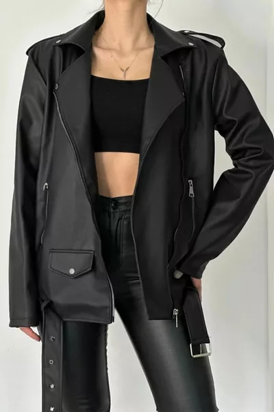 Nouvelle saison Veste longue oversize en cuir noir pour femme