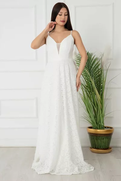 Abito da sera lungo con spalline in corda di pizzo 