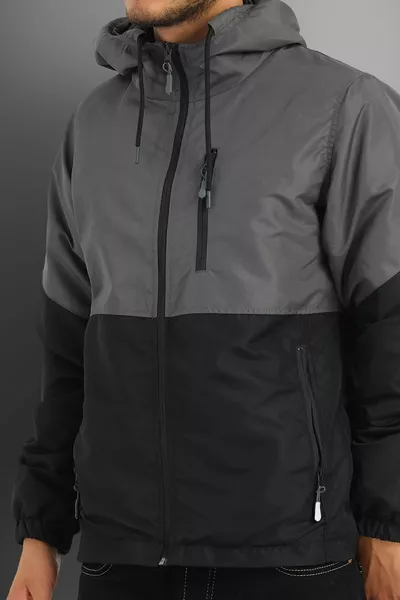 Anthrazit - schwarzer zweifarbig gefütterterter, winddichter saisonaler Sportmantel mit Kapuze für Herren