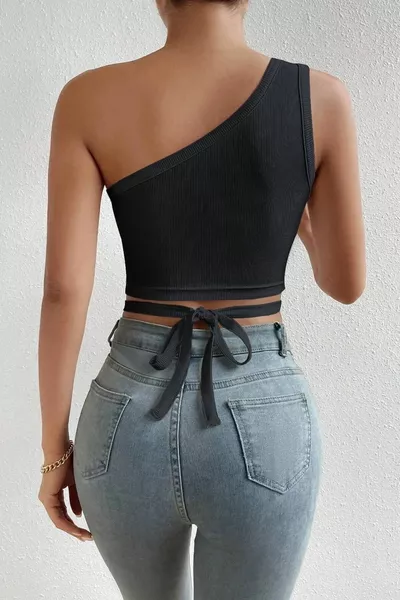 المرأة السوداء واحدة الكتف الظهر التعادل المحاصيل أعلى بلوزة