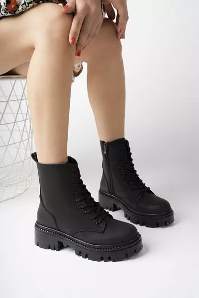 Women's Black Matte Lace Up And Zipper Zip